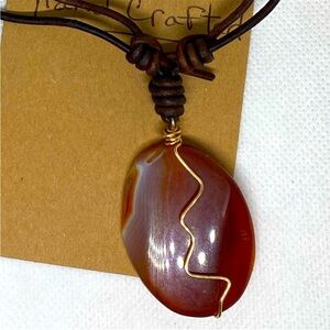 Red Agate and 18k Gold Plated Knotted Leather Necklace with Minimalist Design